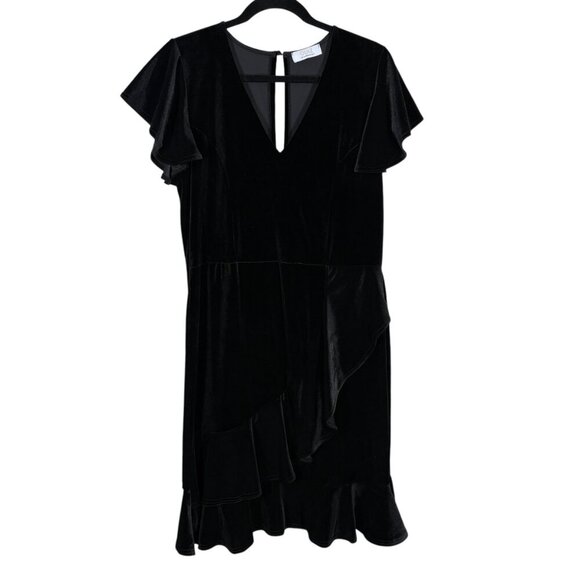 Quiz Black Velvet Short Sleeve Ruffle Hem Midi Dress Women's US Size 12 - Picture 1 of 7